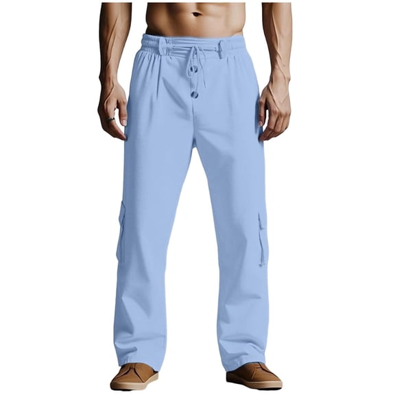 Aofany Cotton Linen Pants for Men Elastic Waist Drawstring Straight Leg Pants Casual Loose Lounge Trousers with Pockets