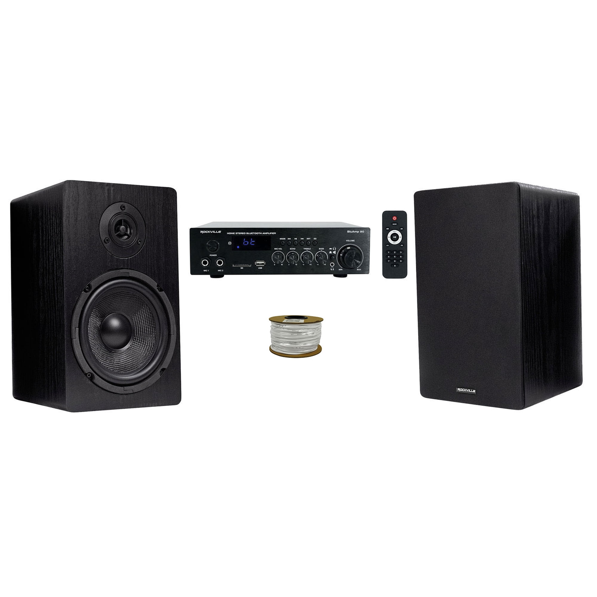 Rockville BLUAMP 90 Bluetooth Home Audio Receiver Amp+(2) 6.5" Black Speakers