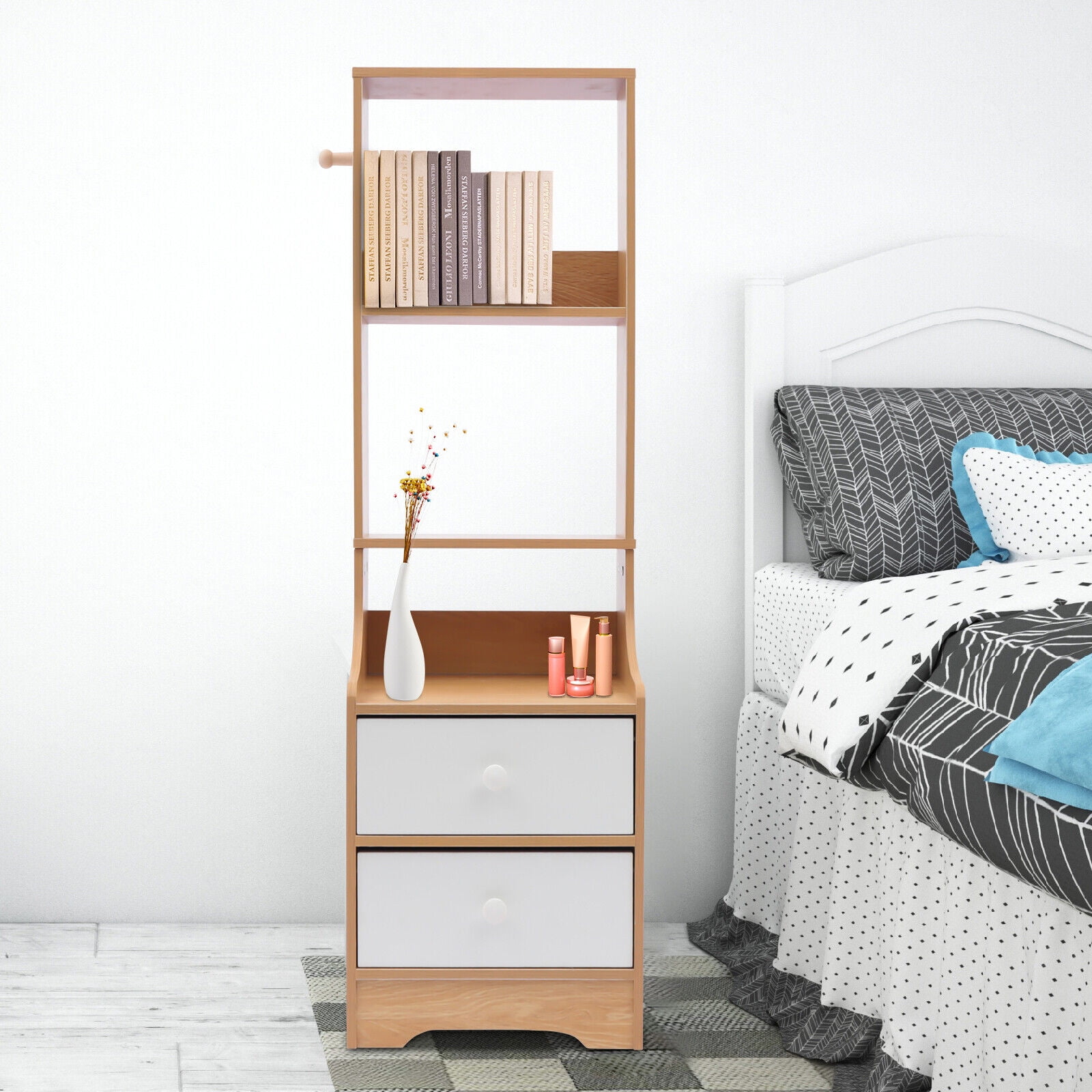 Fichiouy Nightstand Tall Bed End Table Bedside Table with 2 Drawers&3