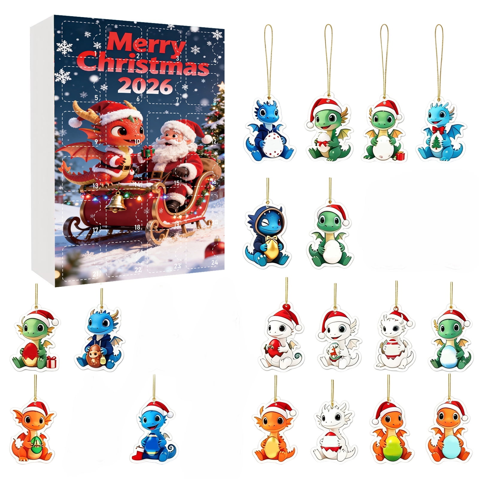 2026 Christmas Advent Calendar 24 Days, Cute Baby Dragon Acrylic Ornaments Xmas Countdown Gift Box, Cartoon Dragon Tree Hanging Decor Surprise Stocking Stuffers for Kids