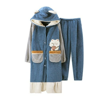 

DanceeMangoo FUNISHI Cartoon Nightdress Women Sleepwear Coral Fleece Hooded Plus Size Loose Version Inspissate Pajama Set Winter Pajamas