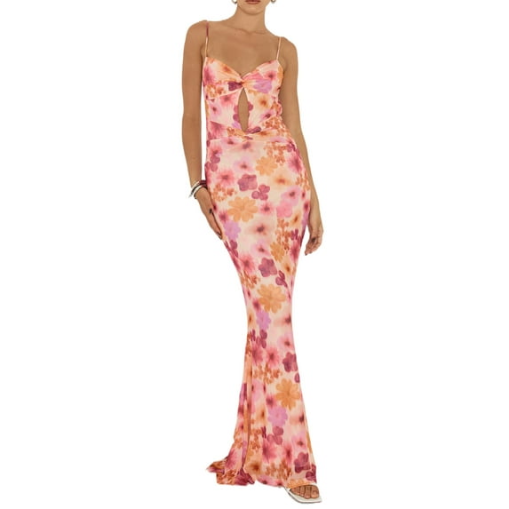 Coduop Women Backless Floral Bodycon Maxi Dress Spaghetti Strap Elegant Dress Party Cocktail Dress
