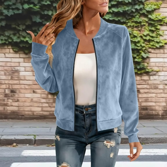 Womens Suede Jacket Full Zip Bomber Jackets Long Sleeve Open Front Lightweight Coats Faux Suede Leather Coat Outwear