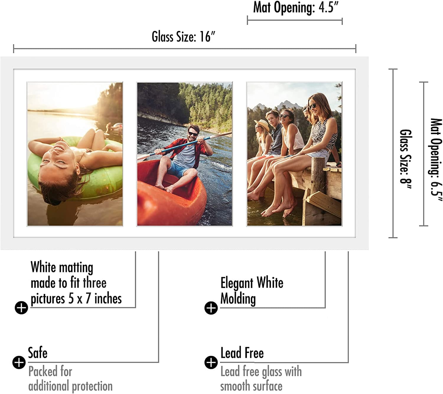 Americanflat 8x16 Collage Picture Frame with Three 5x7 Displays in White- Composite Wood with Shatter Resistant Glass - Horizontal and Vertical Formats for Wall
