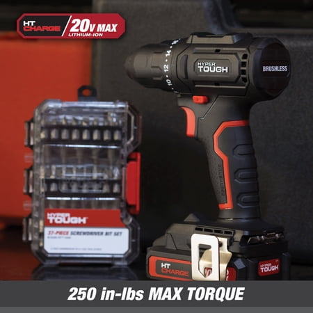 HYPER TOUGH 20V MAX BRUSHLESS CORDLESS DRILL DRIVER WITH 1.5AH LITHIUM-ION BATTERY AND CHARGER