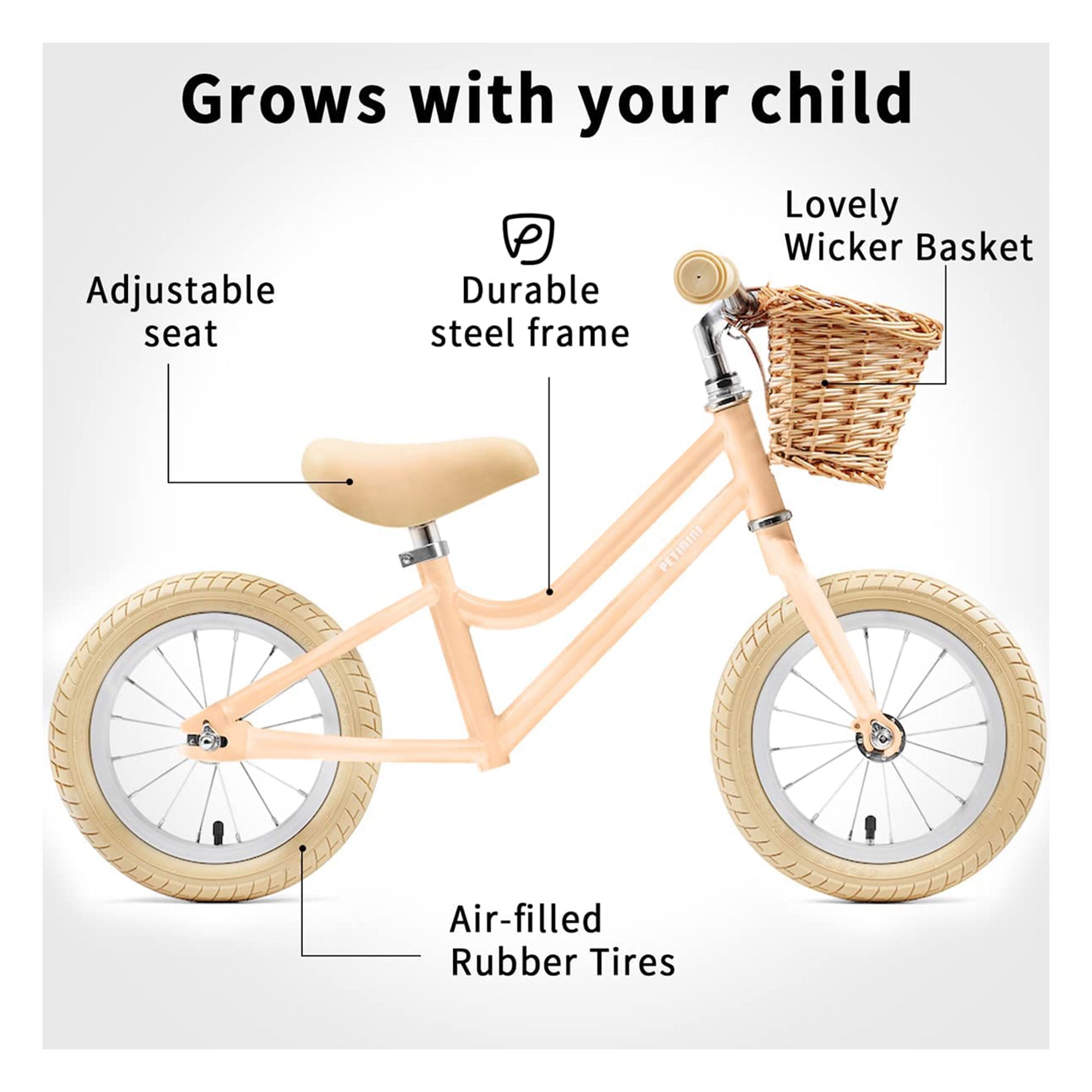 Petimini 12 Inch Kids Balance Bike with Basket for 2 6 Year Olds