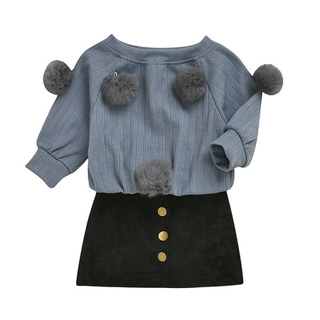 

EHTMSAK Toddler Baby Children Girl Long Sleeve Outfits Clothing Set Sweater and Skirt Set Faux Fur Blue 2Y-7Y 120