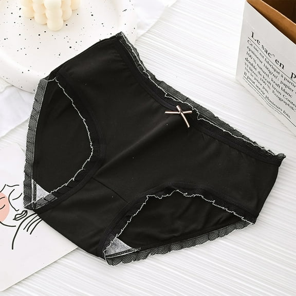 YWDJ Period Underwear for Women Cotton Breathable Lace Lightweight No Show Milk Silk Breathable Mid Waist Girls Panties Sweet Lace Printed Comfortable Panties Black L