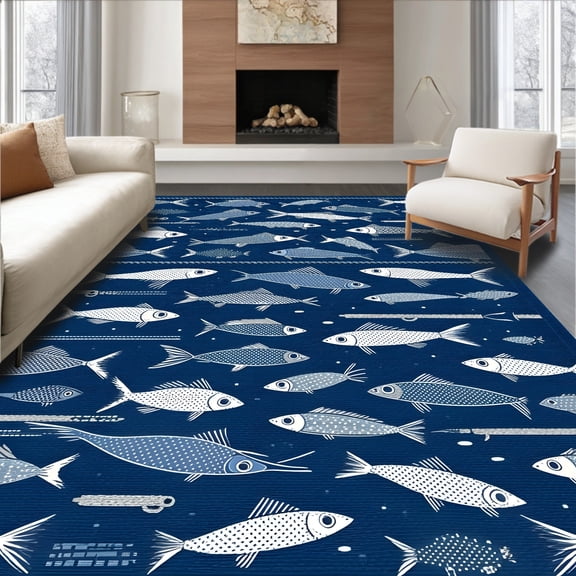 ODIKA 4'x6' Machine Washable Non-Slip Area Rug, Vibrant Rustic Multicolored Nautical FishTheme Blue High Traffic Rug, Blue, 6066