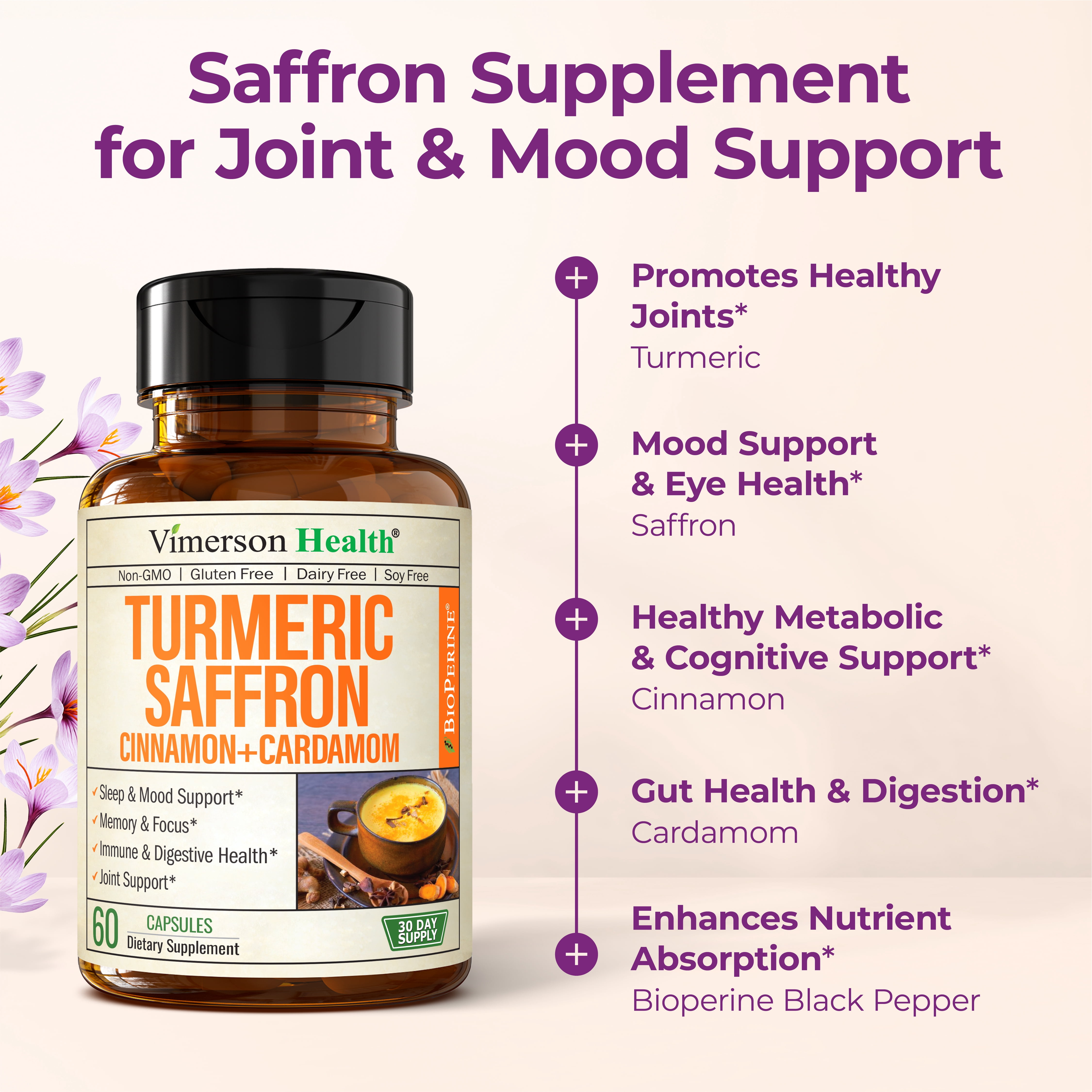 Turmeric Curcumin and Saffron Supplement (89mg Saffron Extract) with Ceylon Cinnamon & Cardamom for Eye, Joint Health & Mood Support – 60 Capsules