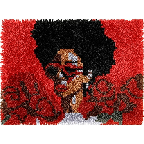 DIY Latch Hook Rug Kits Woman & Rose DIY Cushion Tapestry Making Crochet Hooking Mat Making Kits With Printed Pattern Canvas DIY Carpet Needlework Kits of Home Decor 52x38cm (T64)