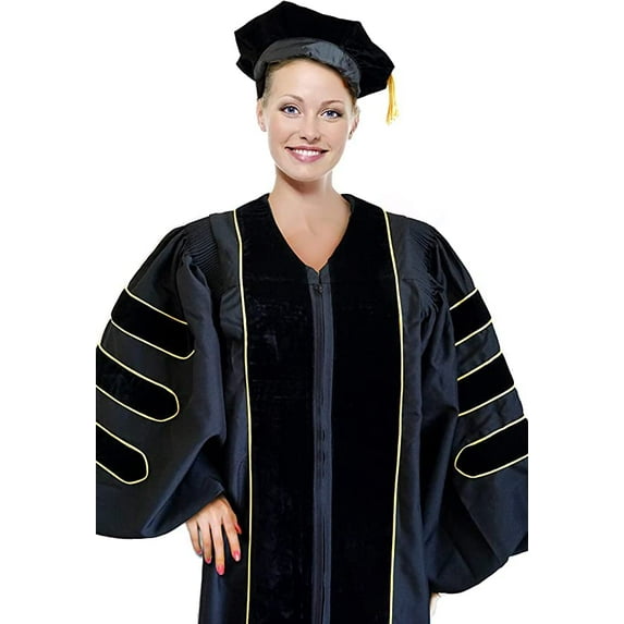 Premium Doctoral Tam Gown for Faculty Professor PhD Graduates Golden Trim Common Fit Unisex Black-Black