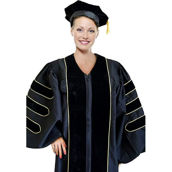 Premium Doctoral Tam Gown for Faculty Professor PhD Graduates Golden Trim Common Fit Unisex Black-Black