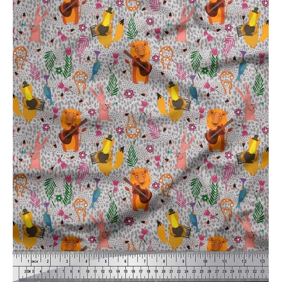Soimoi Cotton Duck Fabric Floral,Musical Instruments & Animals Cartoon Printed Fabric 1 Yard 42 Inch Wide