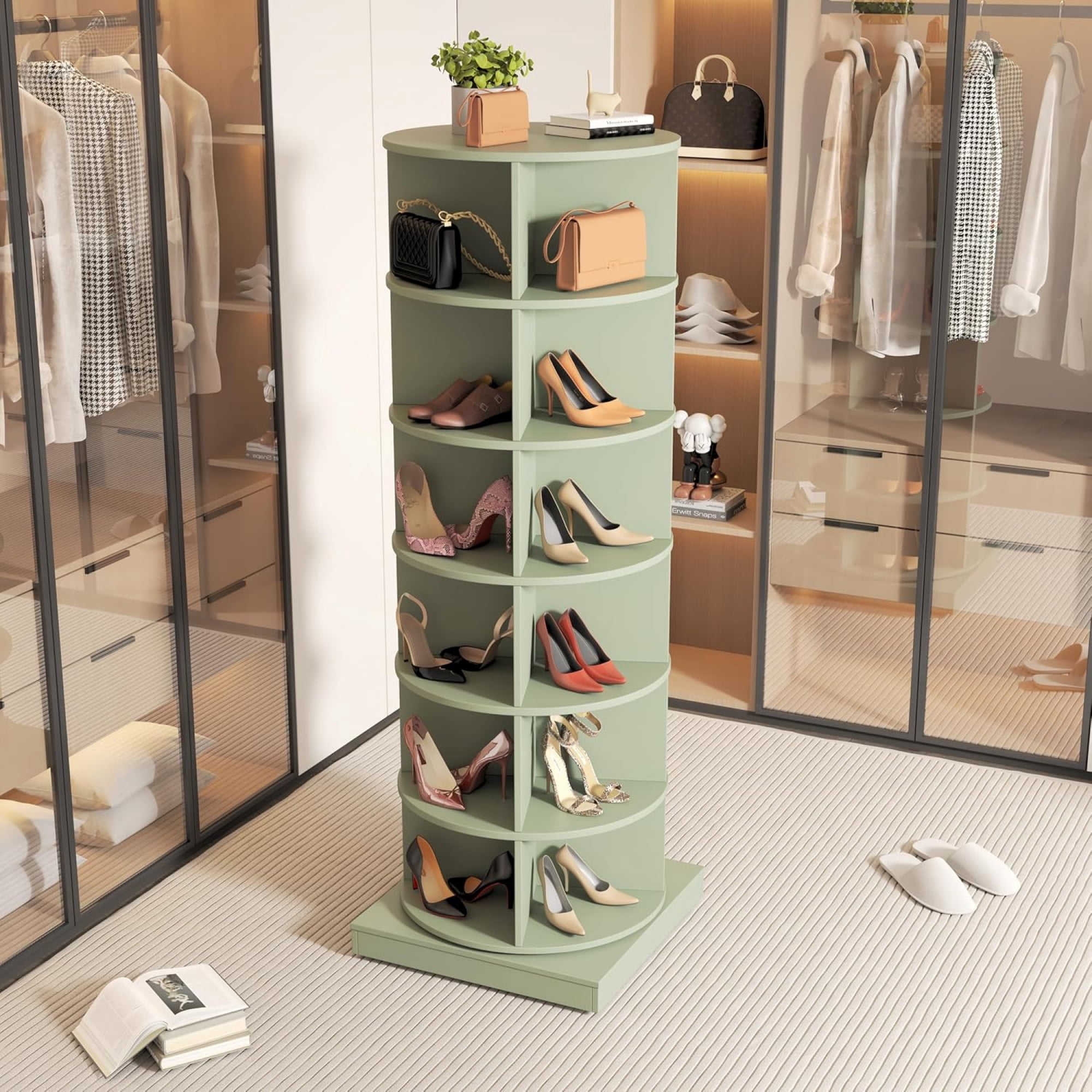 360 Degree Rotating Shoe Rack Tower, Vertical Space-Saving Shoe Storage Organizer Cabinet, Circular Rotating Shelf for Shoes Handbags, Entryway Hallway Use, Green