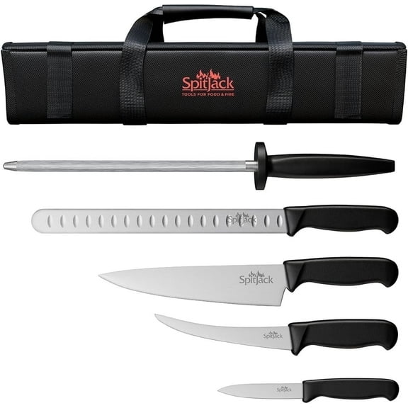 SPITJACK BBQ Butcher Knife Set – Brisket Trimming & Meat Slicing Kit with 8" Chef Knife, 3.5" Paring Knife, 10" Sharpening Steel & Storage Case