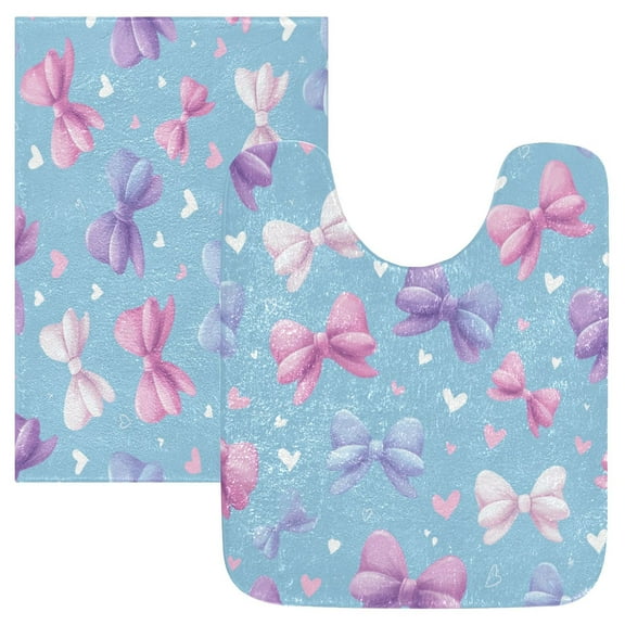 2 Piece Bath Mat Set with U-Shaped Toilet Mat and Rectangle Bath Rugs Non Slip Machine Washable Bathroom Mats Pink and Purple Bows