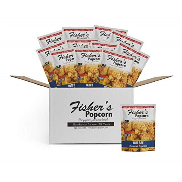 fisher's popcorn old bay seasoned caramel popcorn, gluten free, simple