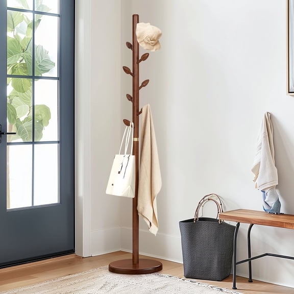 WOOW DEPOT Large Wood Coat Rack Heavy Duty Freestanding Clothes Hanger Stand w/ Stable Base & 8 Bud Shaped Hooks for Corner Entryway Hallway Bedroom