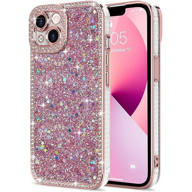 wonima44 for iPhone 13 Case Glitter, Luxury Shiny Bling Sparkly Phone Cover with Crystal Diamonds Rhinestone for Women Girls Soft TPU Slim Shockproof Protective Phone Case for iPhone 13 6.1", Pink
