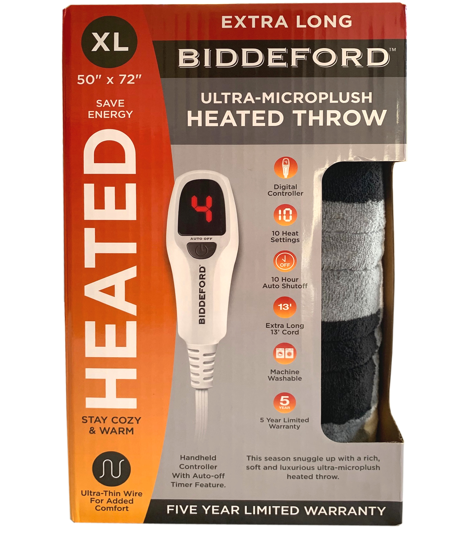 Biddeford UltraMicroplush Heated Blanket Throw, 50" x 72" Extra Long