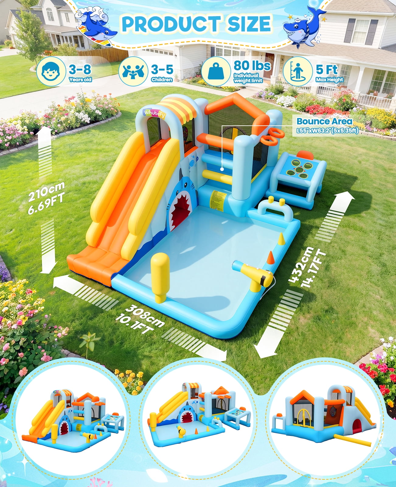 Adnoom 14 in 1 Inflatable Bounce House for Big Kids, Indoor Outdoor Water Slide with Large Pool, 480W Blower, Obstacle Bouncy House with Golf, Water Cannon for Backyard Party Kids 3~12