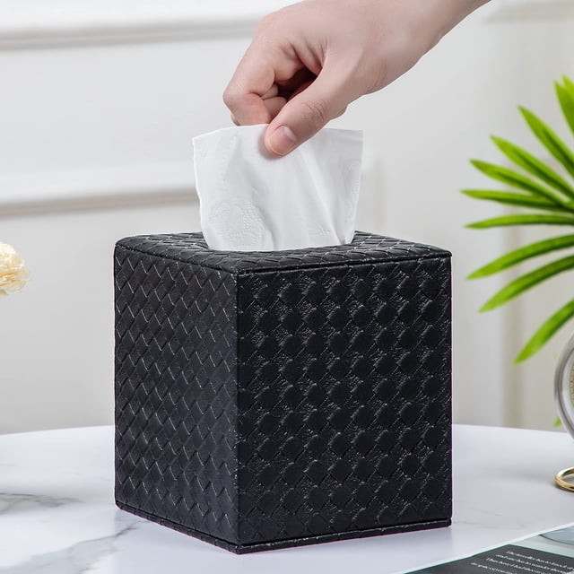 Funda para caja de pañuelos SUNYUROU, tela de poliuretano negra y madera