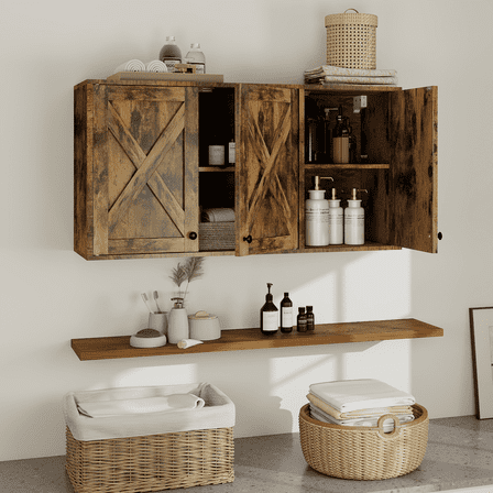 FULLWATT 36" W Laundry Cabinet, Medicine Cabinet, Bathroom Kitchen Storage Wall Mounted Farmhouse Organizer with Shelves Over Toilet, Brown