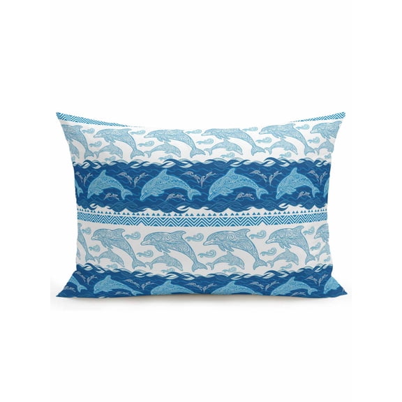 1 Pack Outdoor Throw Pillow, Summer Dolphin Waterproof Pillow with Insert Included, Ocean Waves Coastal Blue Stripes Decorative Accent Cushion Lumbar Pillows for Patio Porch, 12 x 20 In