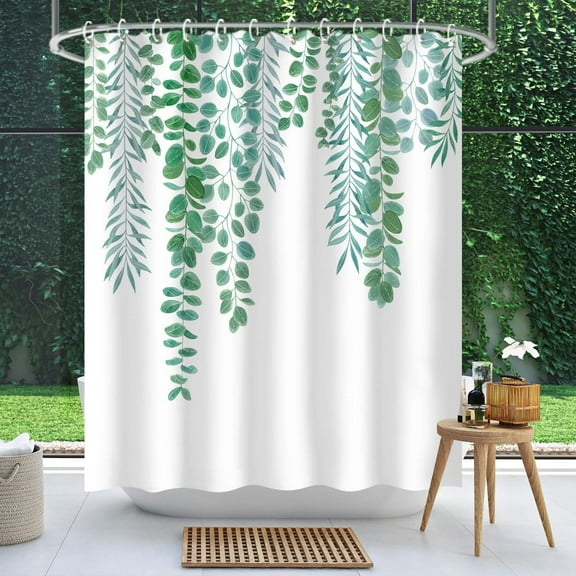 Plant Shower Curtain, Green Eucalyptus Shower Curtain for Bathroom, Watercolor Leaves and Botanical Succulent Bathroom Decor,72W x 72H, Extra Long Waterproof Fabric