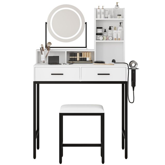 BeesClover Makeup Vanity Desk with Mirror and Lights, Vanity Desk with Stool, 2 Drawers, Power Outlet, Dressing Table for Bedroom