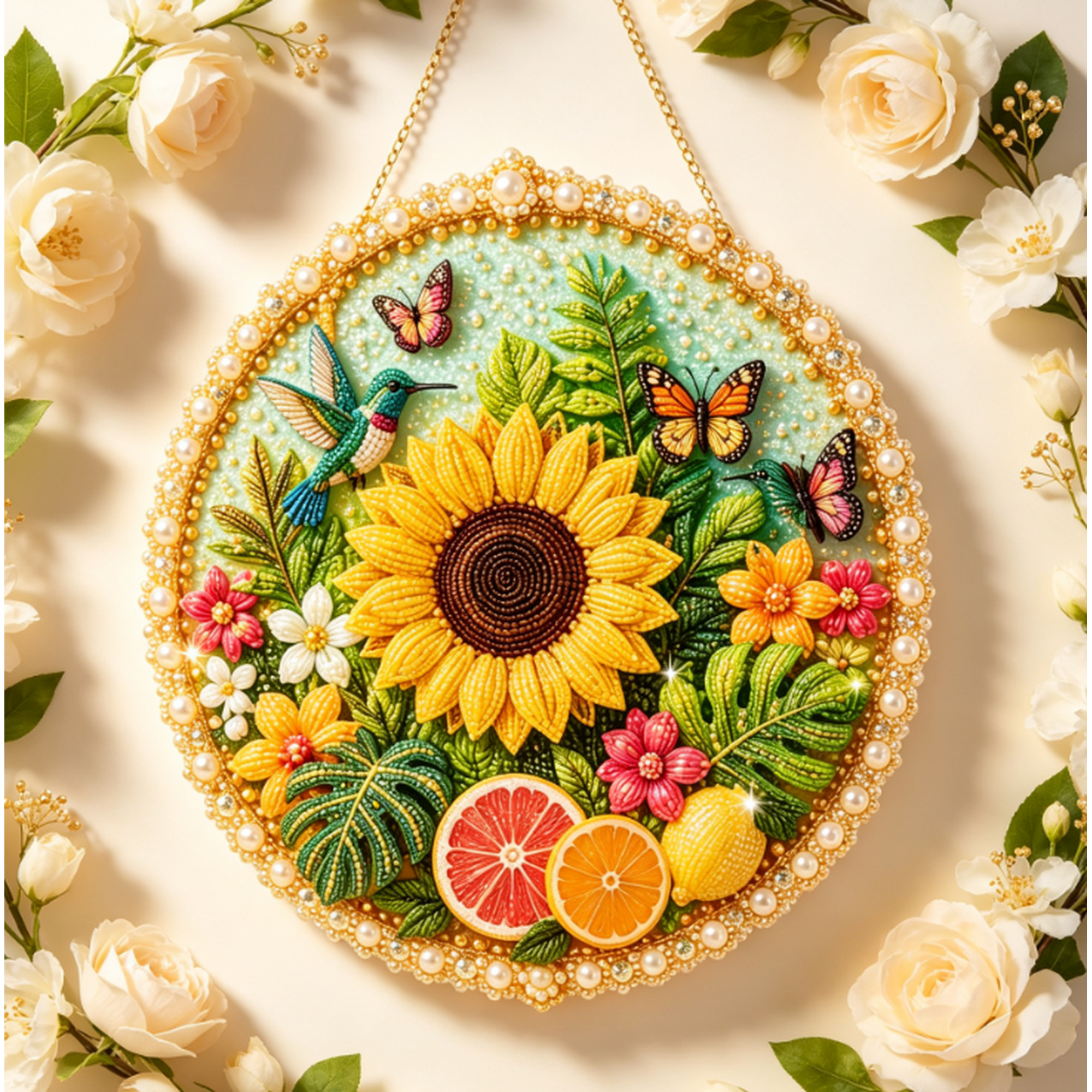 Christmas Pearl Art DIY Diamond Painting Hanging Suncatcher Ornamen | Christmas Diamond Painting Hanging Pendant Handmade Holiday Craft Crystal Pearl Bead Wall Window Decor (Sunflower Hummingbird)