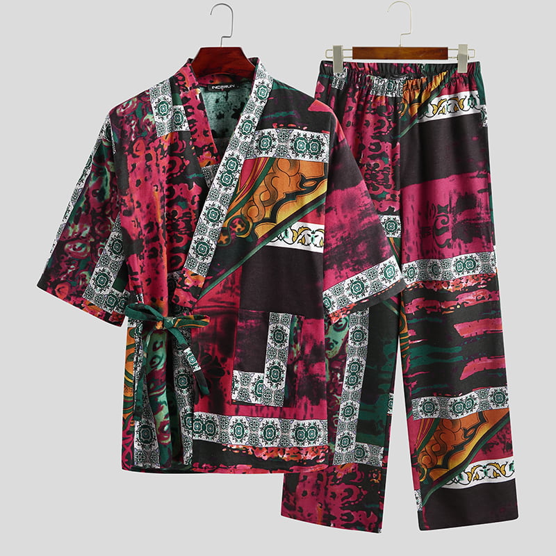 INCERUN Japanese Oriental Mens Martial Kungfu Kimono Pyjamas 100%Cotton Jacket 