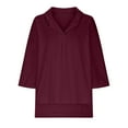 thumbnail image 4 of Lovskoo Summer Tops for Women 2024 Button Down Collared 3/4 Sleeve Solid Color Loose Button Blouse Casual Work Tunic Tops Burgundy, 4 of 9