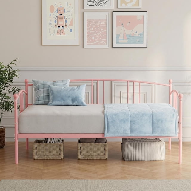 Memoryfield Twin Metal Daybed, Metal Sofa Bed Frame with Arched Headboard & Steel Slat Support, Guest Sofa Bed, No Box Spring Required, Pink