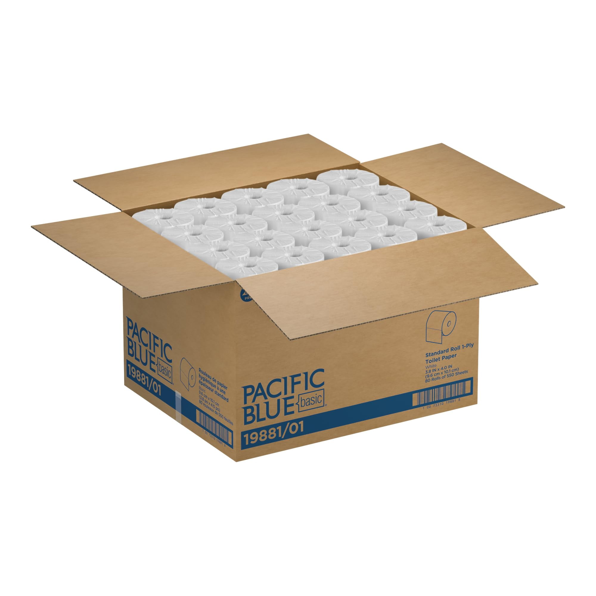 Pacific Blue Basic 1-Ply Septic Safe Bath Tissue, 80 Rolls, 550 Sheets Each, Rapid Dispersing Embossed Toilet Paper, White
