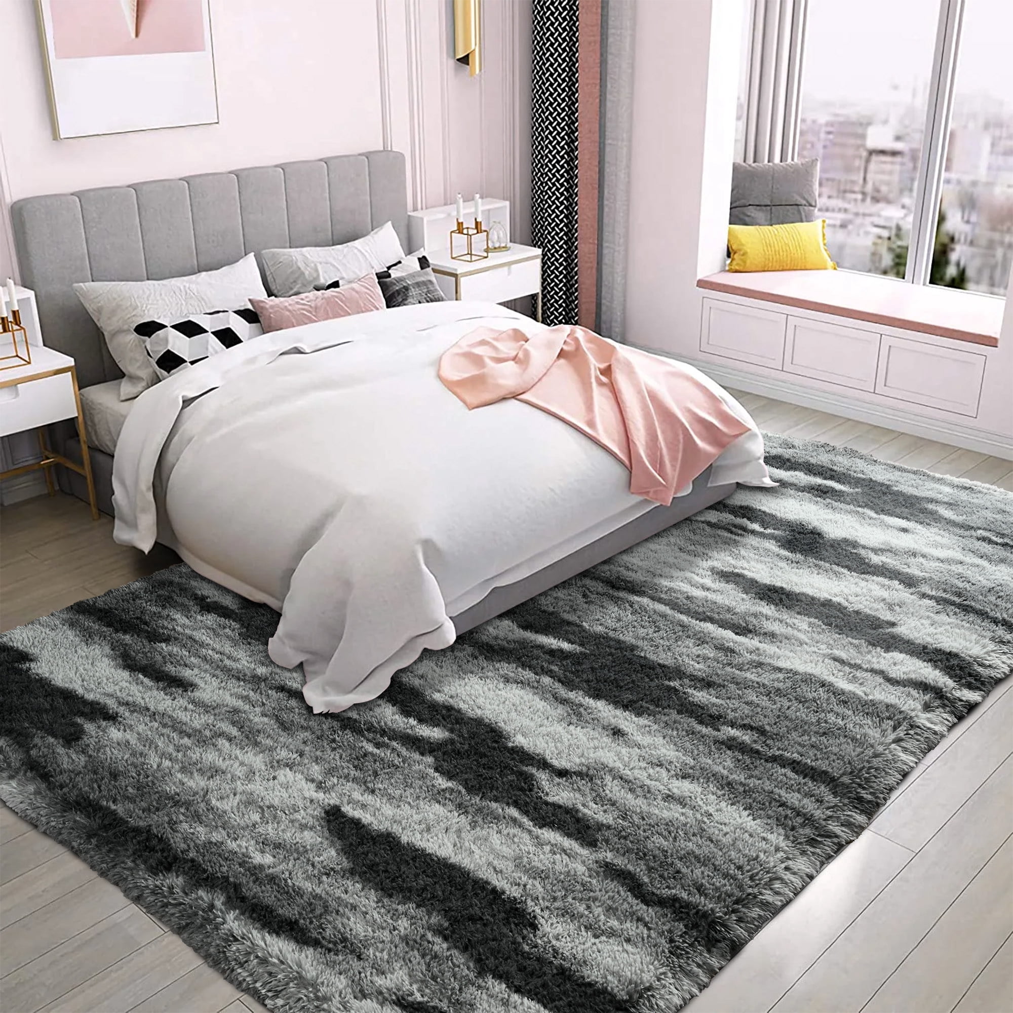 Arogan 4x6 Feet Area Rugs for Living Room Bedroom, Black Soft Fluffy Shaggy Bedside Carpet, Machine Washable Indoor Floor Rug for Kids Home Decor Aesthetic