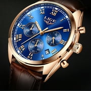 LIGE High End Luxury Mens Watch with Blue Face, 30M Waterproof