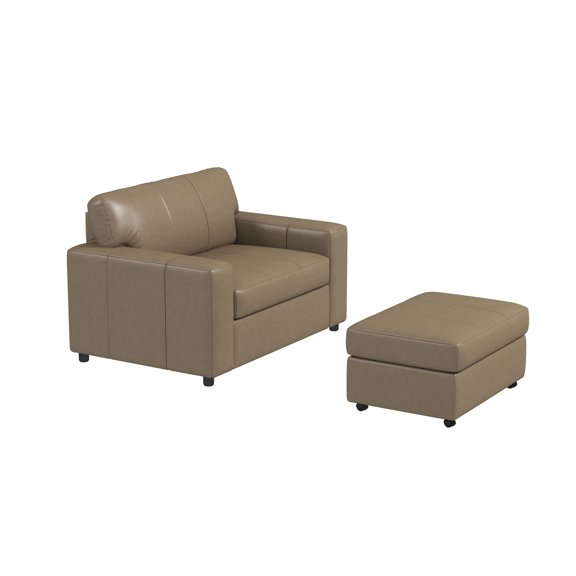 Roundhill Furniture Sakan Leather Upholstered 2-Piece Living Room Set, Cutler Chair and Ottoman, Beige