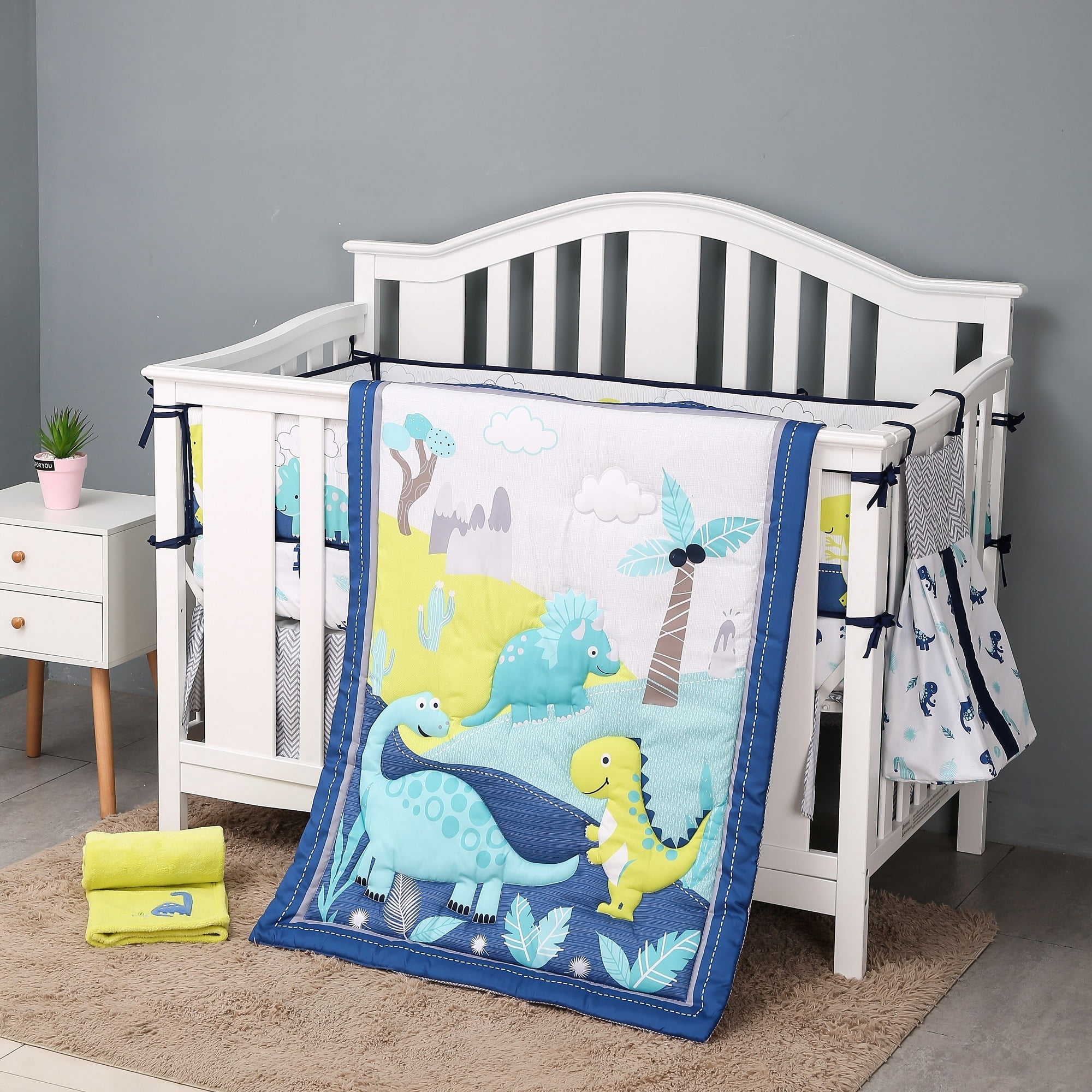 Sweet Baba 4 PC Dinosaur Crib Bedding Sets for Baby Boys, Yellow and Navy Blue
