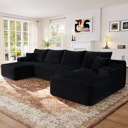 Muumblus 133" Modular Sectional Sofa with 2 Chaise Lounge, U-Shaped Oversized Boneless Cloud Couch, Black Corduroy Sleeper Sofa for Living Room