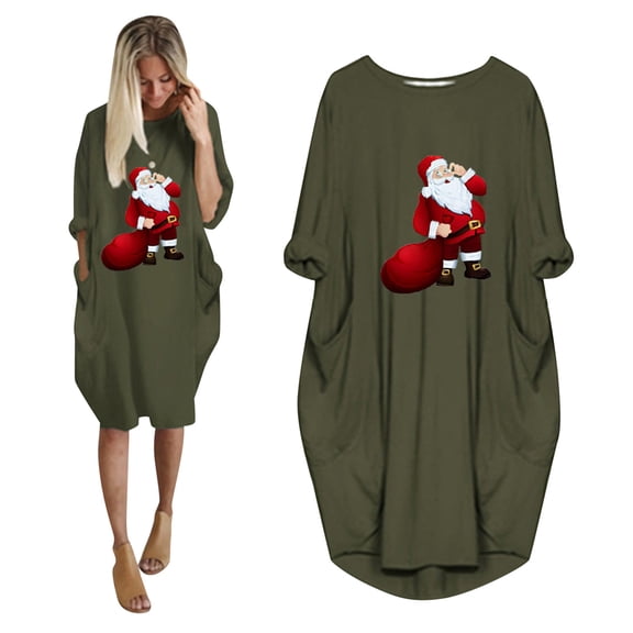 BLTIBY Christmas Sweatshirt Dress for Women Oversized Xmas Printed Fall Winter Round Neck Dresses Soft Casual Long Sleeve Fashion Pullover Outfits with Pockets 2024 Trendy Army Green 3XL