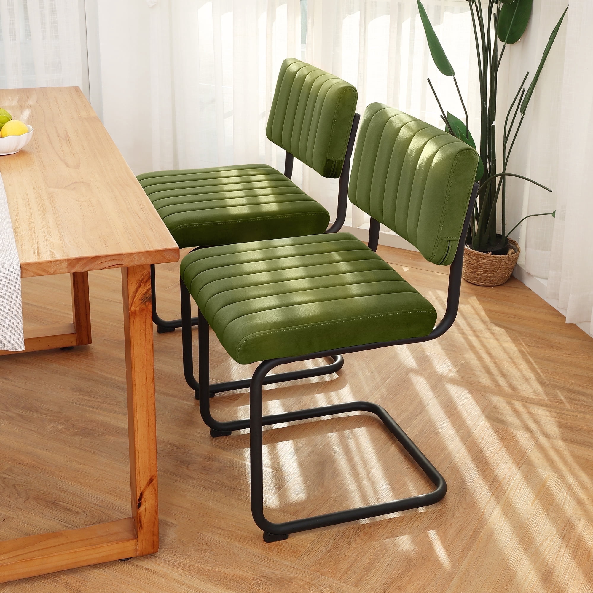Zesthouse Mid Century Modern Dining Chairs Set of 2, Velvet Upholstered Dining Room Chairs with Metal Legs, Tufted Channel Kitchen Chairs for Dining Living Room, Green