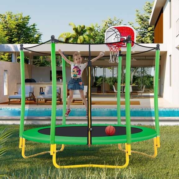 Trampoline with Basketball Hoop for Kids, SEGMART 65" Indoor Outdoor Toddler Trampoline with Enclosure, Indoor Outdoor Kids Trampoline with Basketball , Small Round Trampoline for Boys Girls