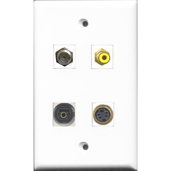 RiteAV 1 Port RCA Yellow and 1 Port Coax Cable TV- F-Type and 1 Port S-Video and 1 Port Toslink Wall Plate