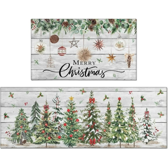 Christmas Kitchen Rugs Set of 2, Christmas Tree Holly Christmas Rugs, Non-Slip Washable Kitchen Mats, Winter Christmas Kitchen Decor, Wood Grain 17x30 17x47 Inch