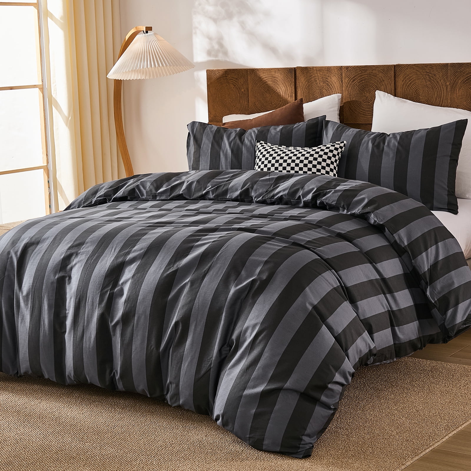 100% Cotton Stripe Duvet Cover Set Queen Size - Gray Striped Duvet Cover Set with Zipper Closure & 8 Corner Ties, Modern Minimalist Wide Stripe Bedding Set for Cozy Elegant Bedroom