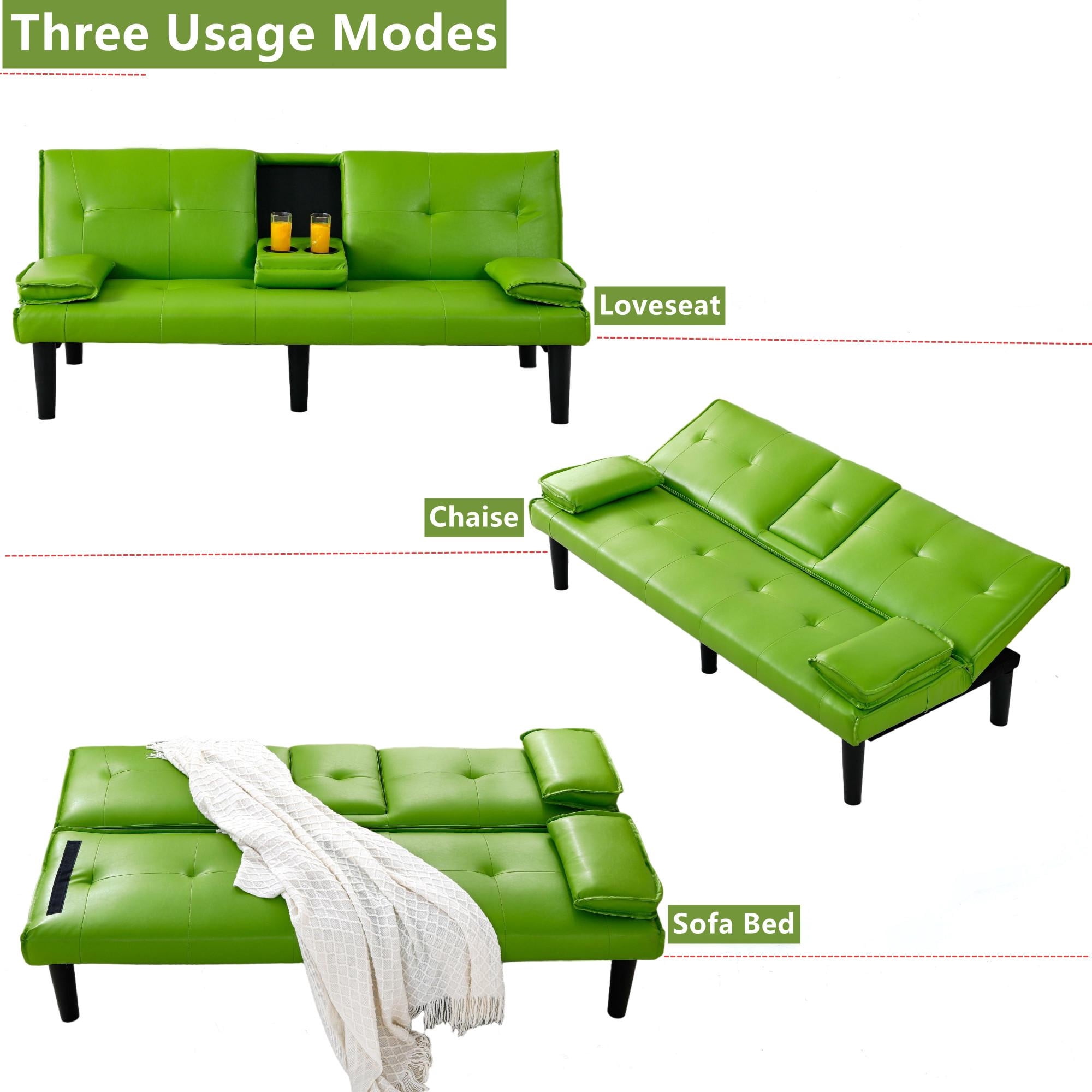 Aukfa Leather Futon Convertible Sofa Bed for Home Office, 2 Cup Holders&Pillows, Green