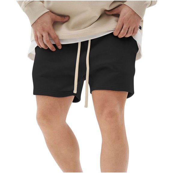 HOOMEUMY Men's Summer Sports Shorts Cotton Drawstring Elastic Waist Solid Color Loose Fit Beach Shorts Sweatpants Joggers Home Shorts Black 12