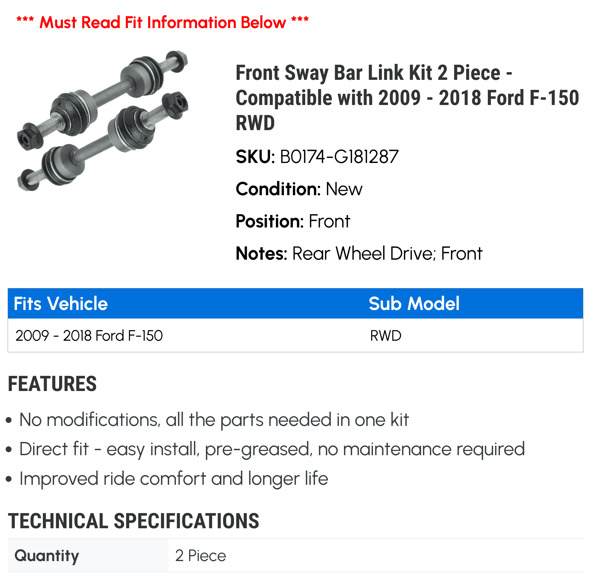 Front Sway Bar Link Kit 2 Piece - Compatible with 2009 - 2018 Ford F-150 RWD 2010 2011 2012 2013 2014 2015 2016 2017